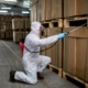 Professional spraying pest poison in warehouse