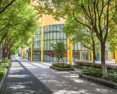 Shaded landscaping outside of commercial property